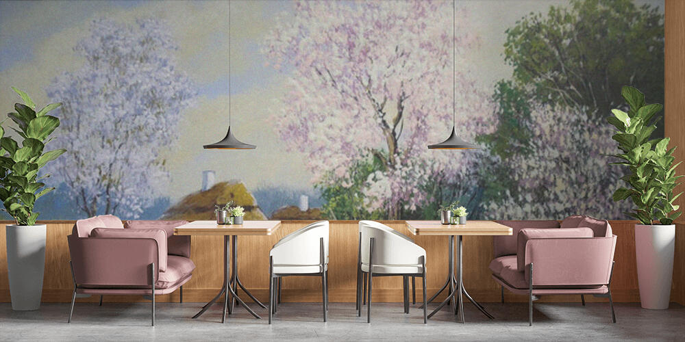 beautiful painting of old Ukrainian village with pastoral landscape, Bar e Ristoranti