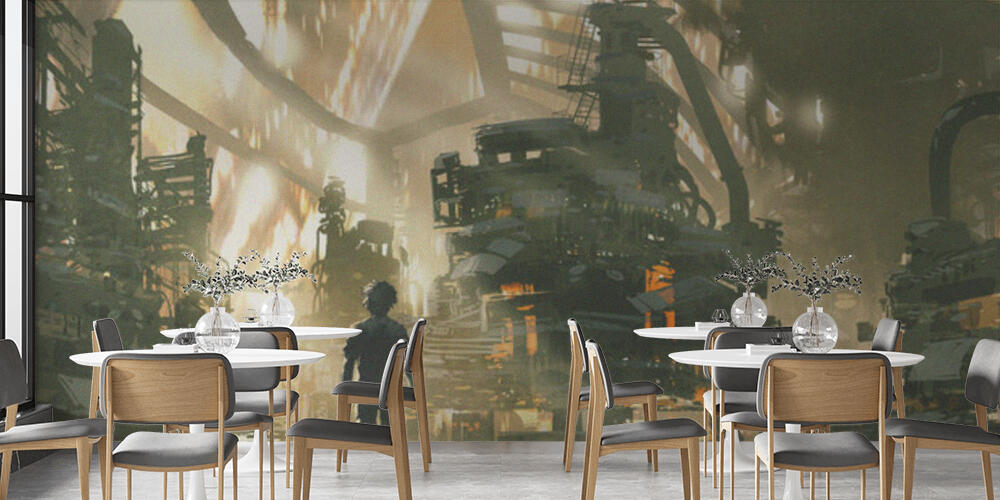 Young man looks at the dieselpunk village full of machines, Bar e Ristoranti