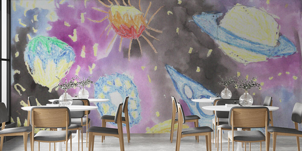 Watercolor children drawing space planet rocket, Bar e Ristoranti