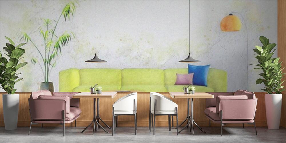 Decorative watercolor sketch of bright minimalist living room interior with sofa, Bar e Ristoranti