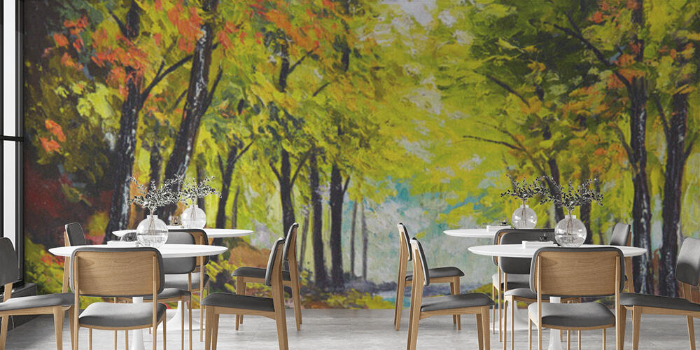 landscape oil painting - river in autumn forest, Bar e Ristoranti