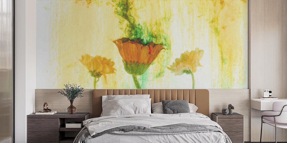 close up view of flowers and yellow paint splashes, Camera da Letto