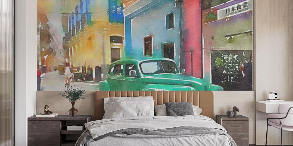 Digital watercolor of green classic american old car in Havana in Cuba, Camera da Letto