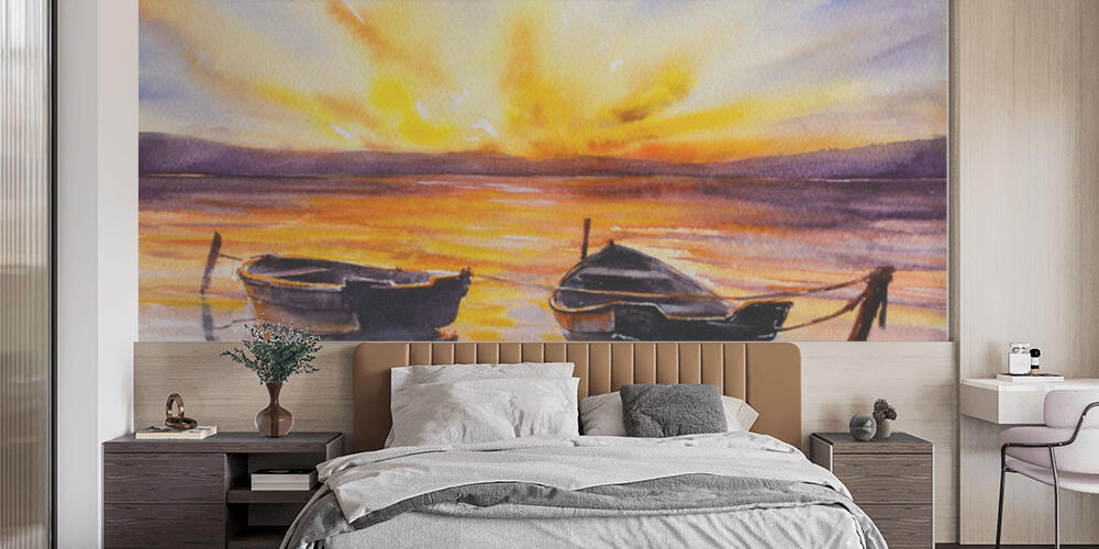 Sunset and two small boats parking on the river in rural coast, Camera da Letto