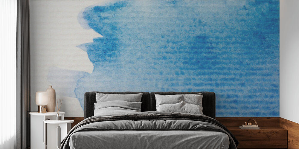 close up view of blue watercolor paint spill on white textured paper background, Camera da Letto