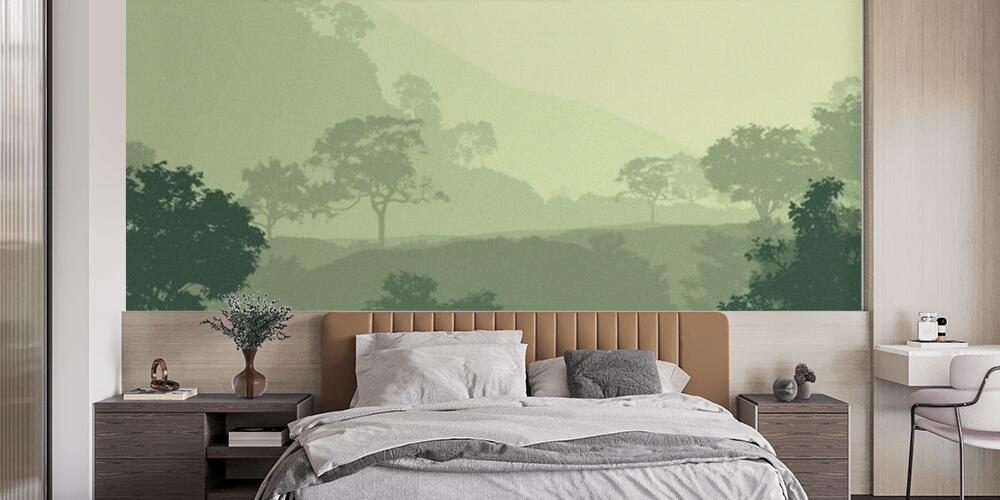 abstract mountains silhouettes with misty woodland trees, Camera da Letto