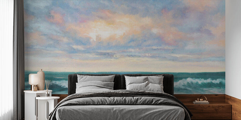 Original  oil painting of beautiful sunset over ocean beach on canvas, Camera da Letto