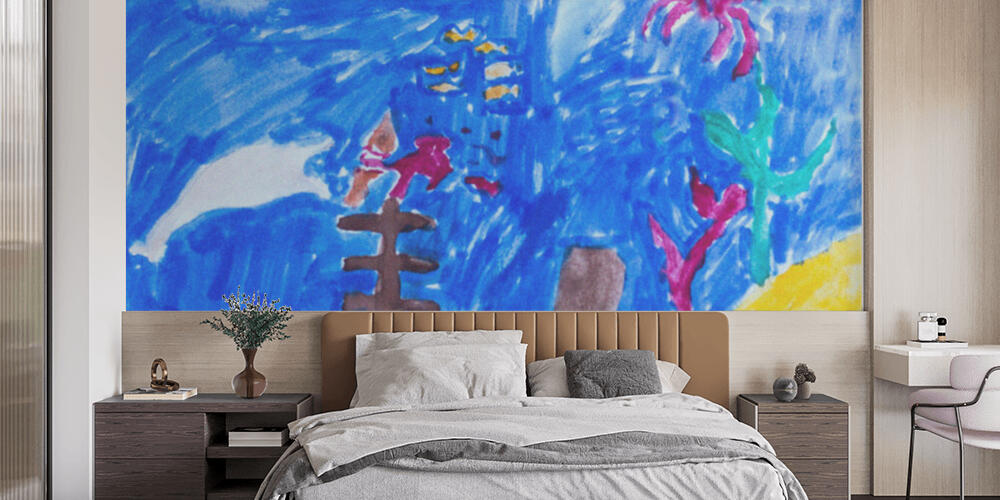 Children's drawing with paints - a ship on the seabed, Camera da Letto