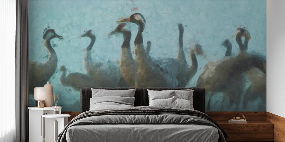 Oil painting of crane birds on autumn migration in Havelland, Camera da Letto
