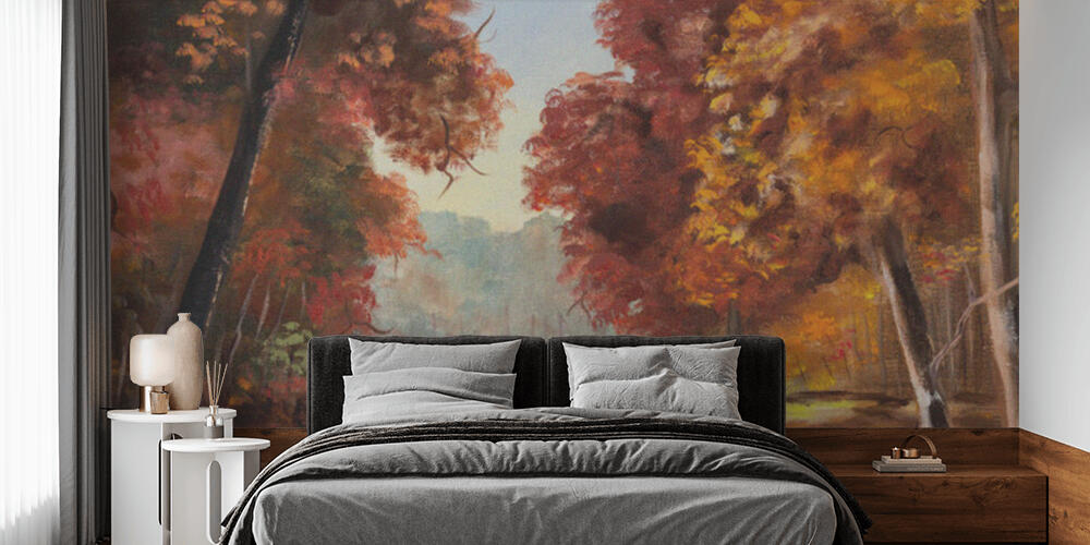 Fragment of vintage painting depicting an autumn colored trees and creek in nature, Camera da Letto