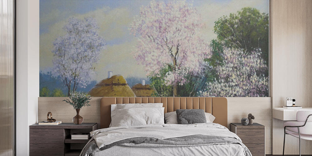 beautiful painting of old Ukrainian village with pastoral landscape, Camera da Letto