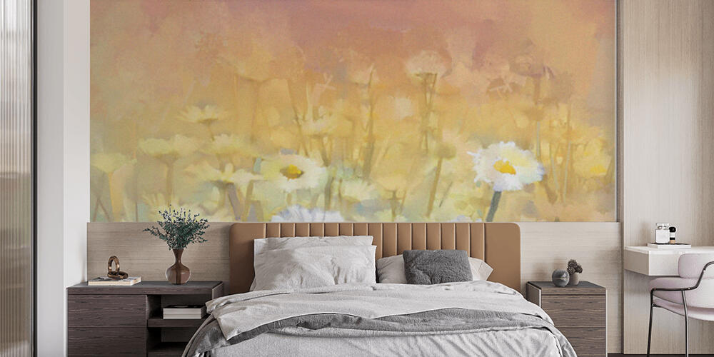Vintage oil painting daisy-chamomile flowers field at sunrise, Camera da Letto