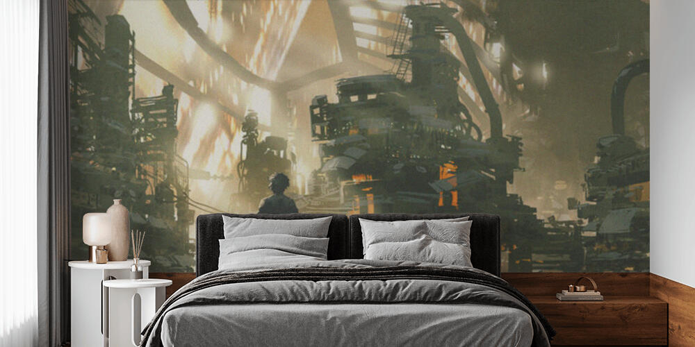 Young man looks at the dieselpunk village full of machines, Camera da Letto