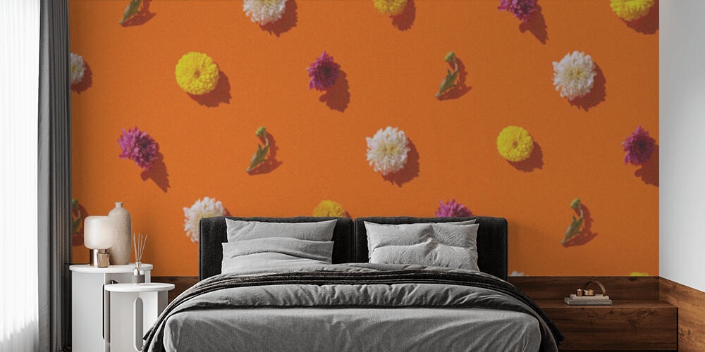 Creative pattern made of chrysanthemum flowers on bright orange background, Camera da Letto