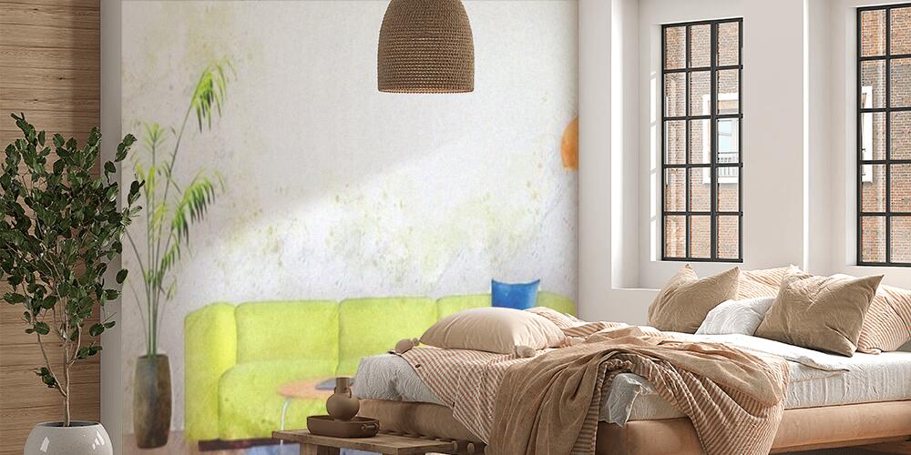 Decorative watercolor sketch of bright minimalist living room interior with sofa, Camera da Letto