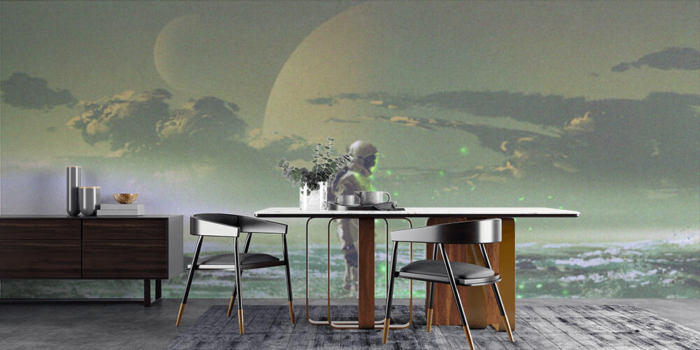 the astronaut standing by the sea against background of the planet, Cucina