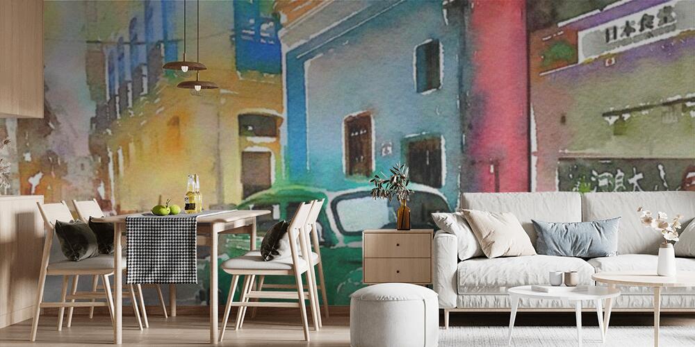 Digital watercolor of green classic american old car in Havana in Cuba, Cucina