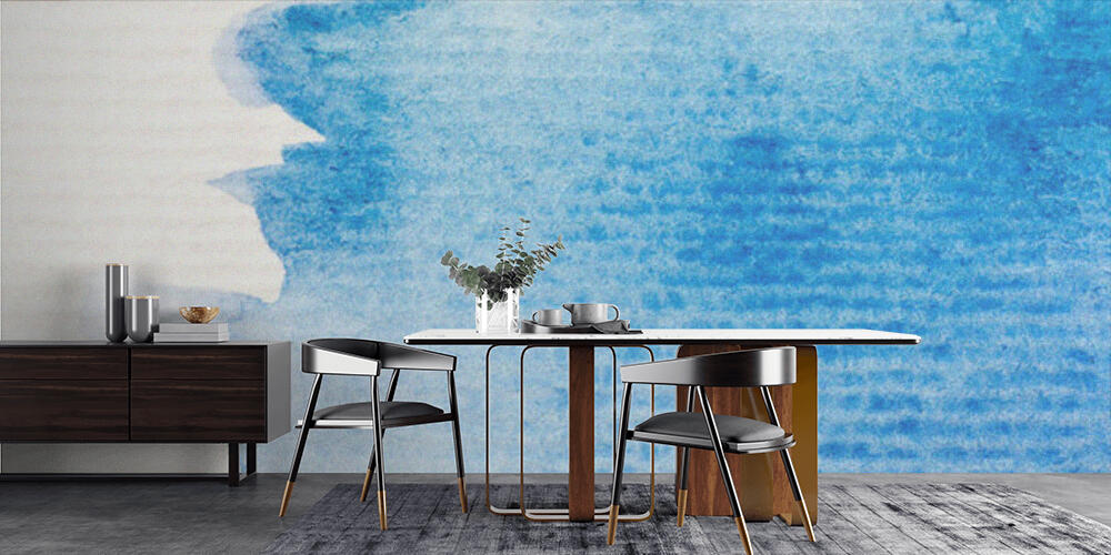 close up view of blue watercolor paint spill on white textured paper background, Cucina