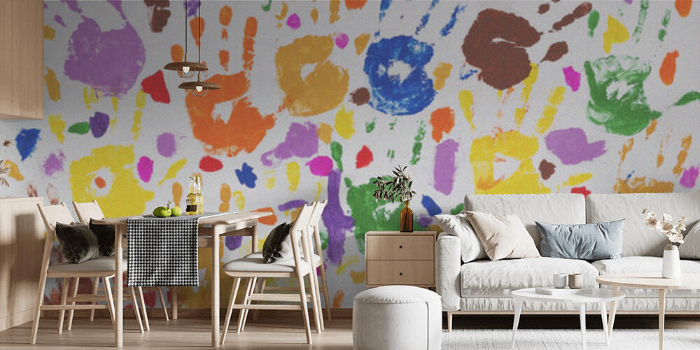 Colored prints of childrens hands on a white canvas, Cucina