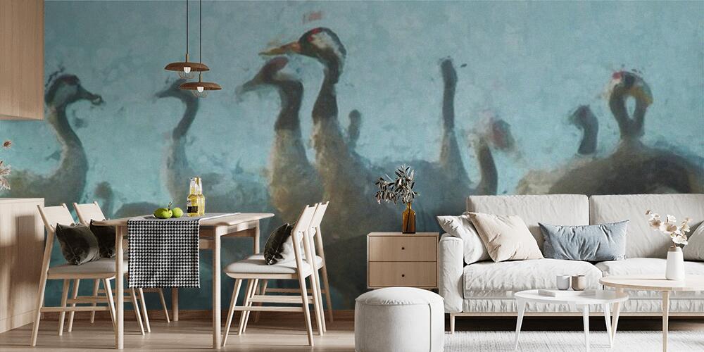 Oil painting of crane birds on autumn migration in Havelland, Cucina