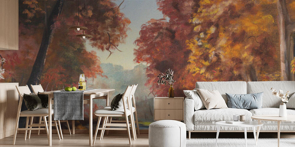 Fragment of vintage painting depicting an autumn colored trees and creek in nature, Cucina