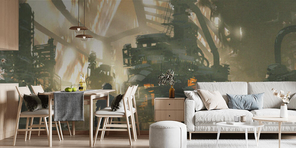 Young man looks at the dieselpunk village full of machines, Cucina