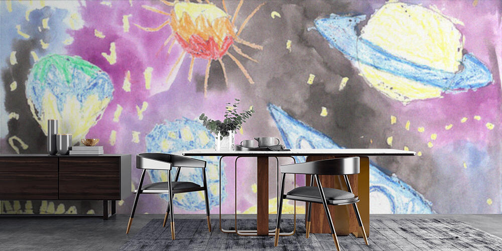 Watercolor children drawing space planet rocket, Cucina