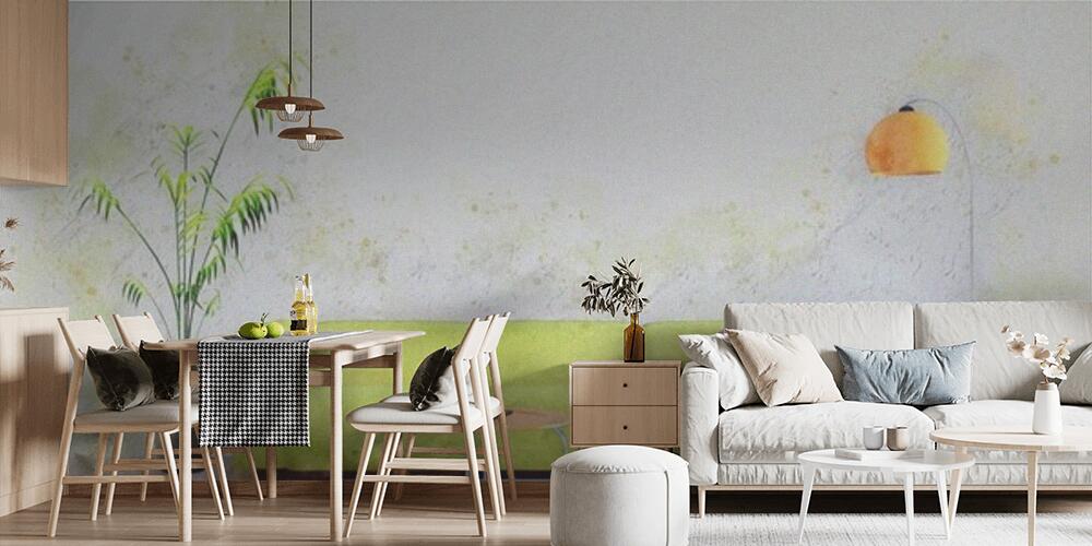 Decorative watercolor sketch of bright minimalist living room interior with sofa, Cucina