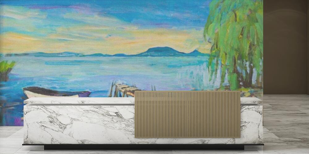 Painting of pier and wooden boat on Balaton lake, Reception