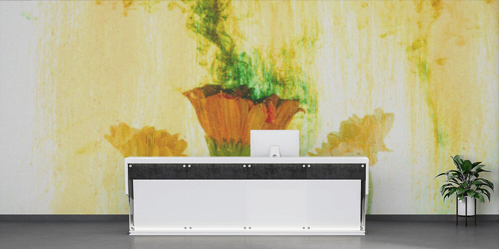 close up view of flowers and yellow paint splashes, Reception