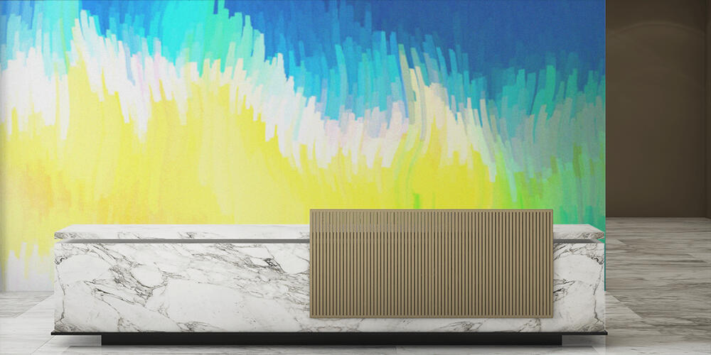 Abstract Blue Yellow and White Graphic Background, Reception