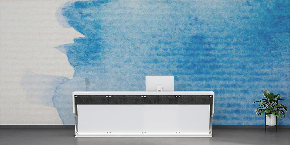 close up view of blue watercolor paint spill on white textured paper background, Reception