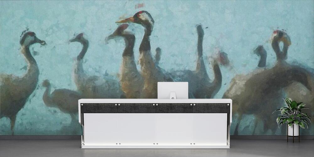 Oil painting of crane birds on autumn migration in Havelland, Reception