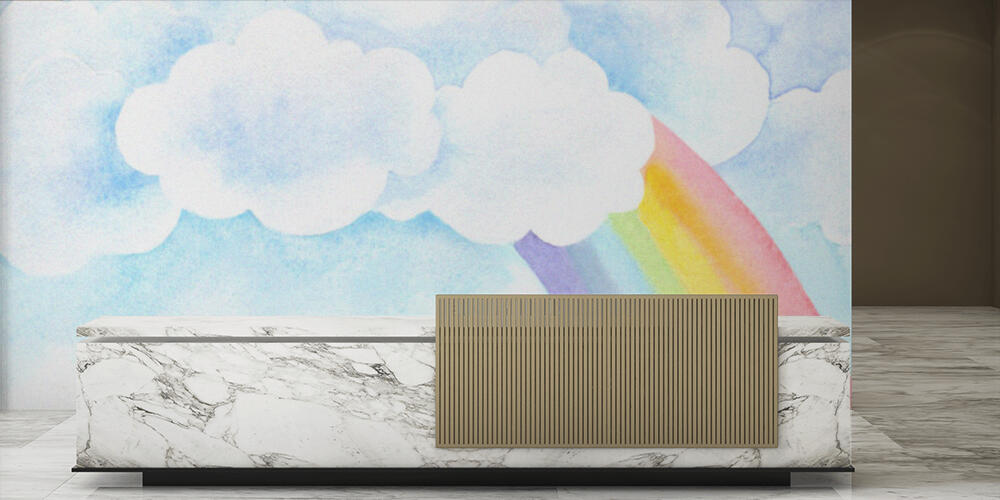 Composition with rainbow and clouds in hand drawn style, Reception