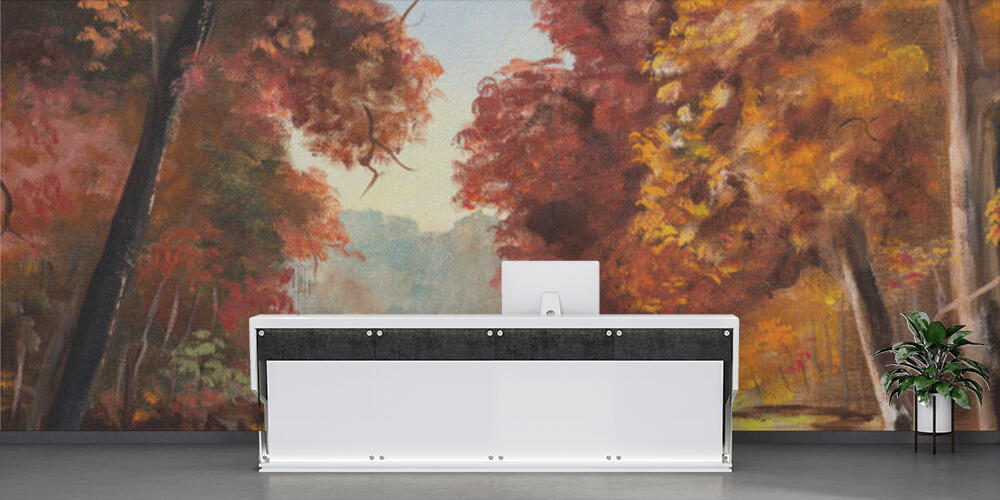 Fragment of vintage painting depicting an autumn colored trees and creek in nature, Reception
