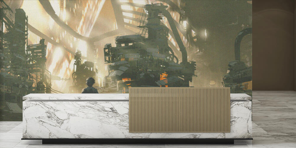 Young man looks at the dieselpunk village full of machines, Reception