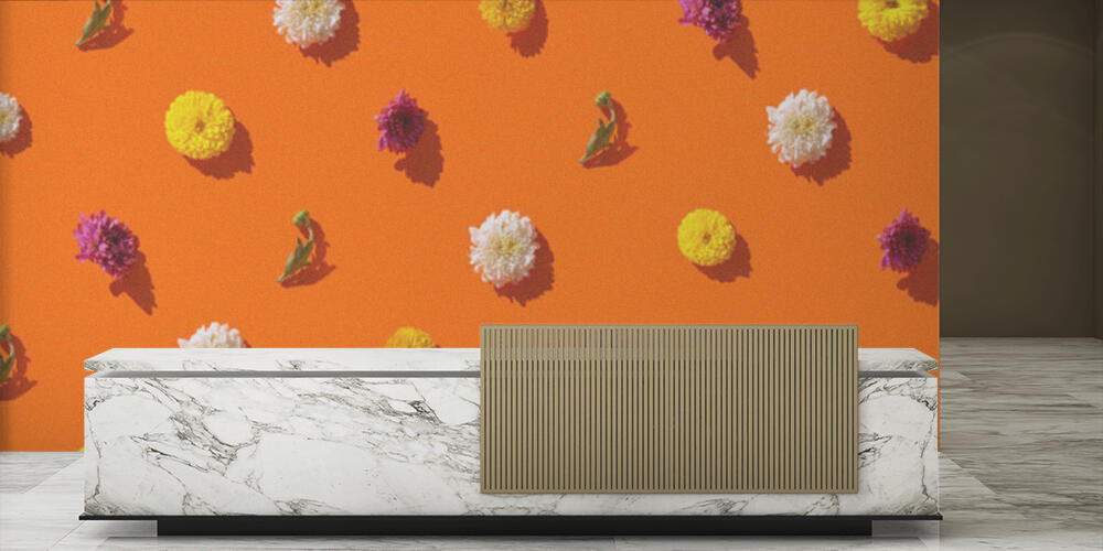Creative pattern made of chrysanthemum flowers on bright orange background, Reception