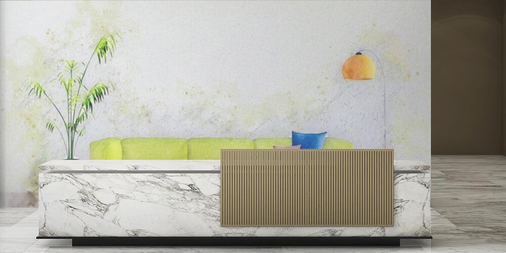Decorative watercolor sketch of bright minimalist living room interior with sofa, Reception