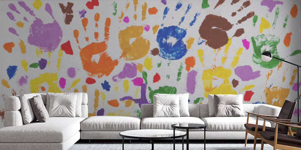 Colored prints of childrens hands on a white canvas, Salotto