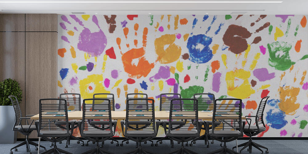 Colored prints of childrens hands on a white canvas, Studio e Ufficio