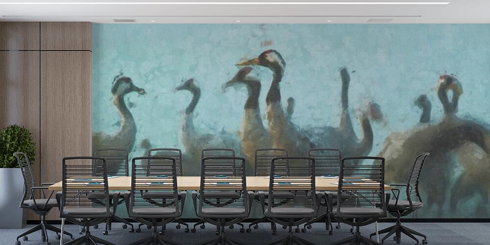 Oil painting of crane birds on autumn migration in Havelland, Studio e Ufficio