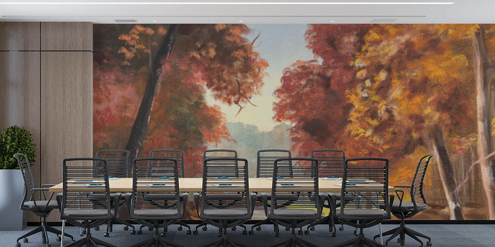 Fragment of vintage painting depicting an autumn colored trees and creek in nature, Studio e Ufficio