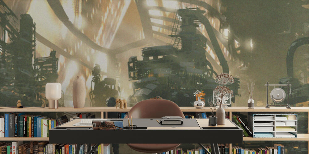 Young man looks at the dieselpunk village full of machines, Studio e Ufficio