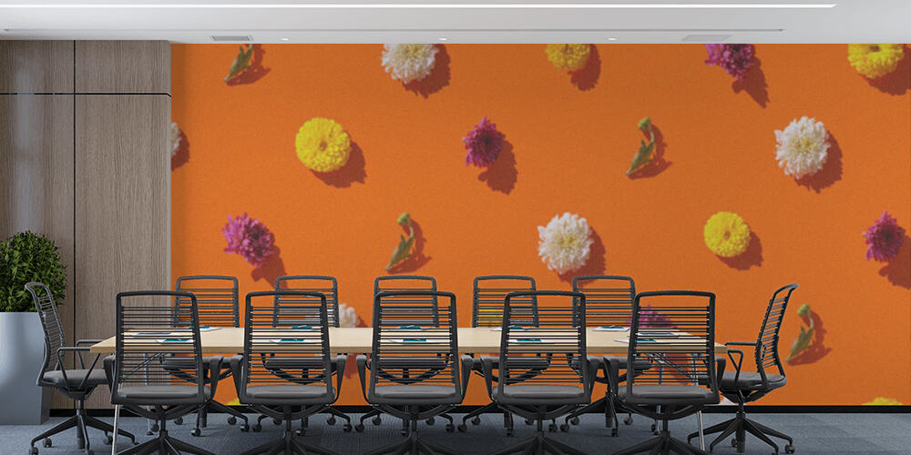 Creative pattern made of chrysanthemum flowers on bright orange background, Studio e Ufficio