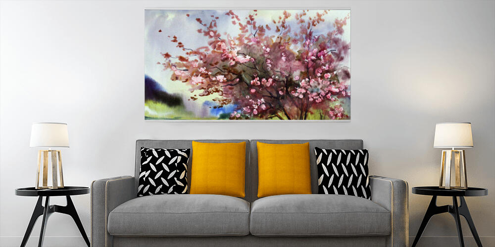 Watercolor painting landscape with blooming spring tree with flowers, 