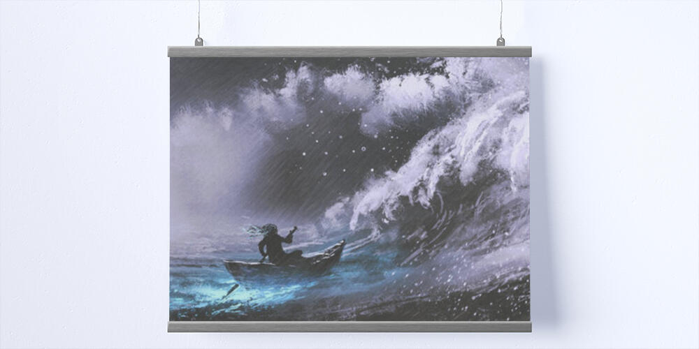 man rowing a magic boat in stormy sea with rogue waves, 