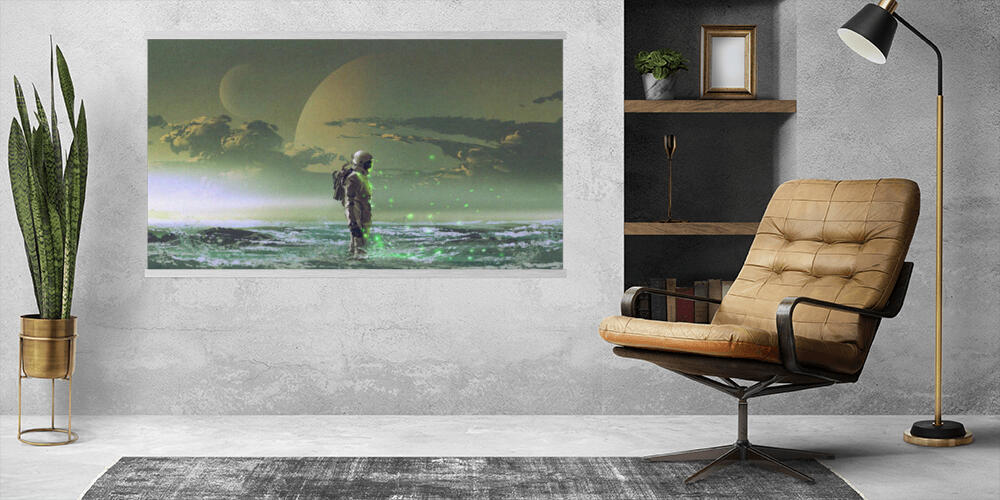 the astronaut standing by the sea against background of the planet, 