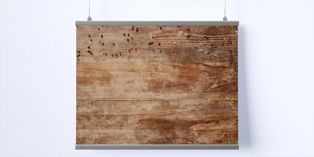 top view of vintage wooden table with scattered peppercorns, 