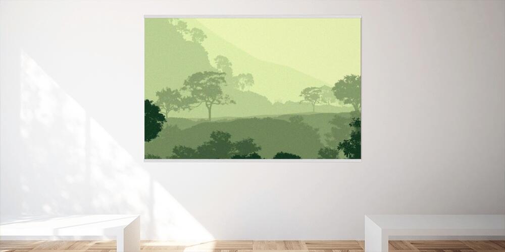 abstract mountains silhouettes with misty woodland trees, 