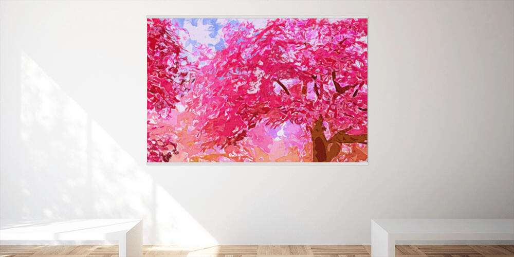 Blossoming Trees in Spring Bloom Garden Lowpoly Art Illustration, 